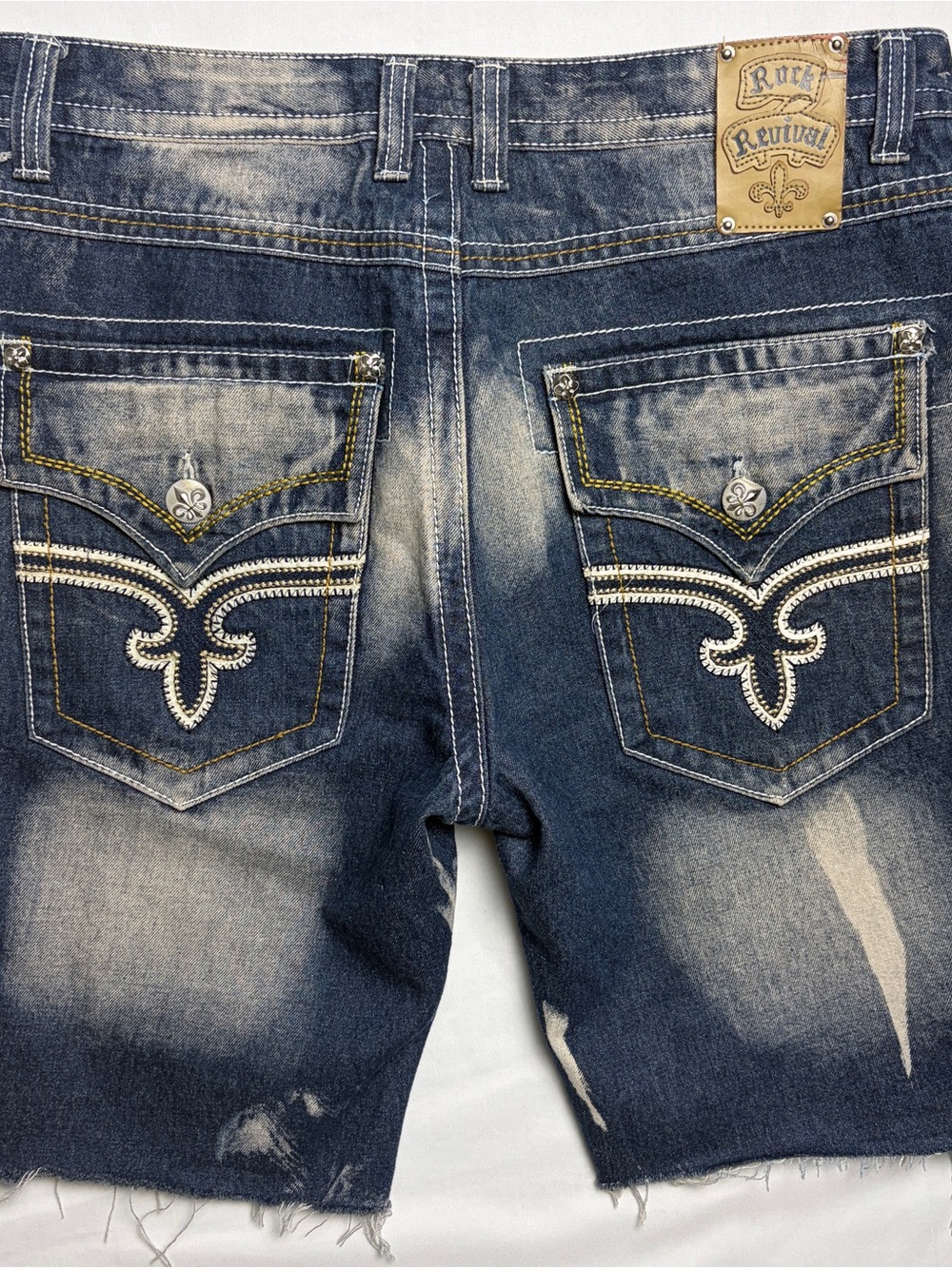 Rock Revival Cut Off Jean Shorts Mens 36 Distressed Jorts Thick Stitch USA